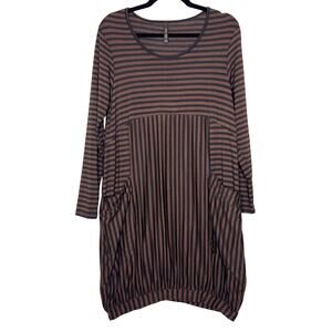 Match Point USA Bubble Dress Size Small Brown Black Stripe Pockets Lagenlook